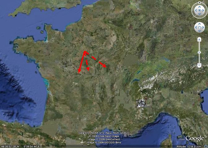 Trajectory of 01/25/2009 fireball, 21h22 UT